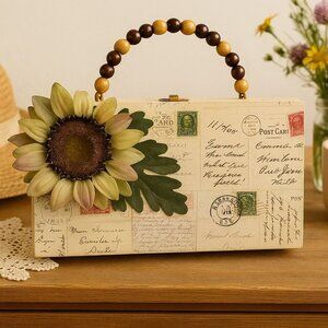 Artisan Sunflower Cigar Box Purse VTG Postcard Print Dresser Vanity Cottagecore
